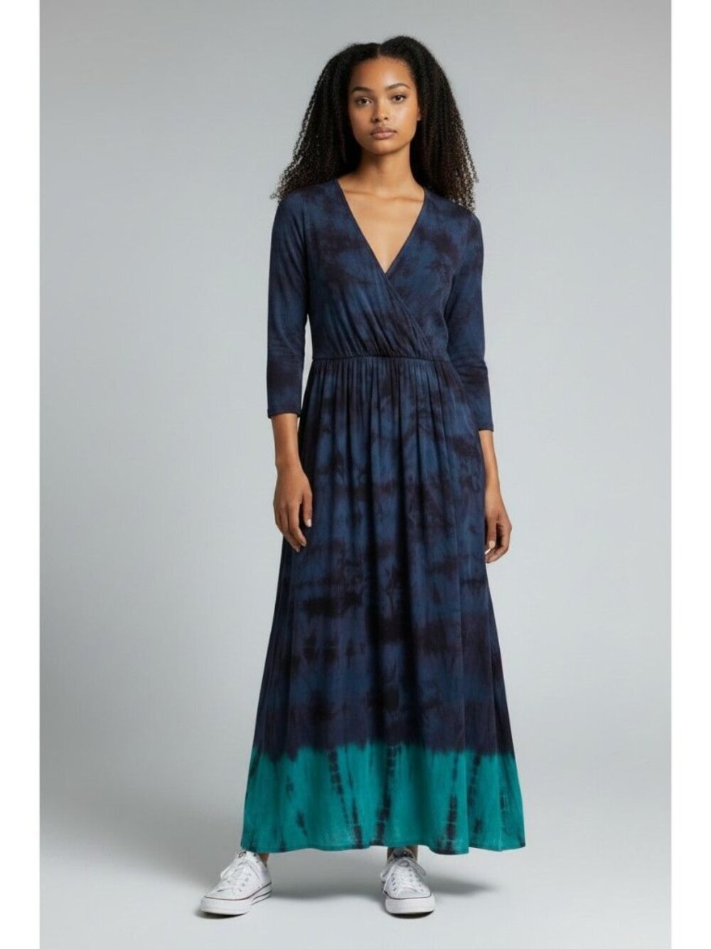 Soft Surroundings Blue Tie Dye Mock Wrap Maxi Dress Beachy Vacation Style Petite